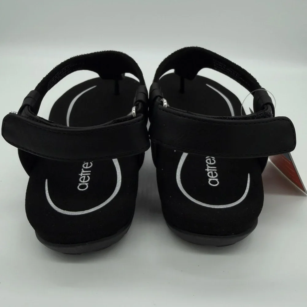 Aetrex Lindsey Black SE680 Women's Orthotic T-Strap Sandals Size 6-6.5 Nee
